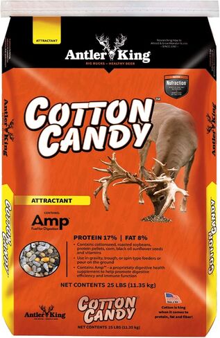 Antler King Cotton Candy New Formula Deer Justrant ، 25 LB Bag Cottonesed Mixant Mix ، وبروتين عالي ، ودهون ، وألياف محتوى لزراعة الغزلان الصحي والبوكس الكبيرة in Kuwait