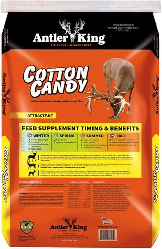 Antler King Cotton Candy New Formula Deer Justrant ، 25 LB Bag Cottonesed Mixant Mix ، وبروتين عالي ، ودهون ، وألياف محتوى لزراعة الغزلان الصحي والبوكس الكبيرة in Kuwait