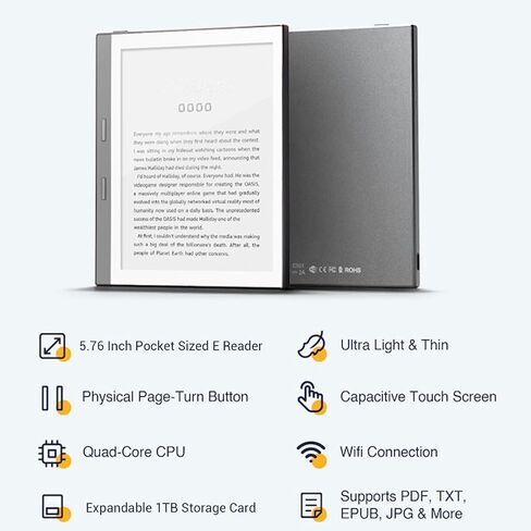 e reader ، 5.76 HD HD Touchscreen Book Book Reader مع WiFi & Bluetooth ، 1GB RAM 32GB ROM 198ppi tablet مع فتحة بطاقة تخزين صغيرة ، لنظام Android (رمادي) in Saudi Arabia