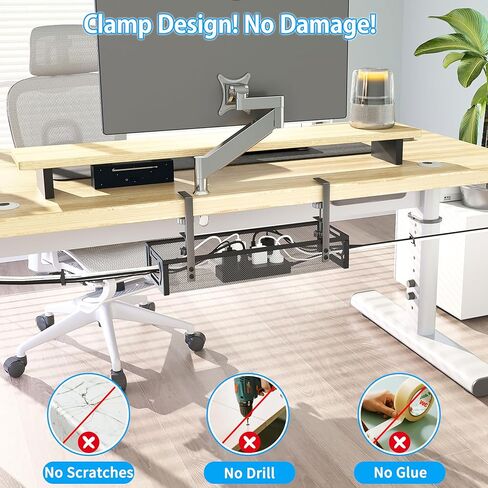 No Drill Under Desk Cable Management Tray, SONATURE 25.3" Cord Organizer for Table, Clamp Mount Desk Cable Management, Premium Carbon Steel Cable Organizer for Office, Home (Black) in Kuwait