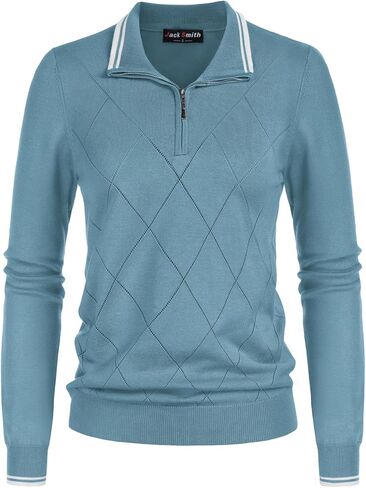JACK SMITH Pullover Sweaters for Women Long Sleeve Argyle Quarter Zipper Collar Polo Sweater Ribbed Knit Golf Tops in Saudi Arabia