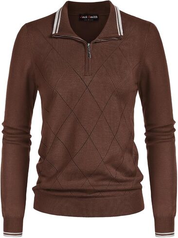JACK SMITH Pullover Sweaters for Women Long Sleeve Argyle Quarter Zipper Collar Polo Sweater Ribbed Knit Golf Tops in Kuwait