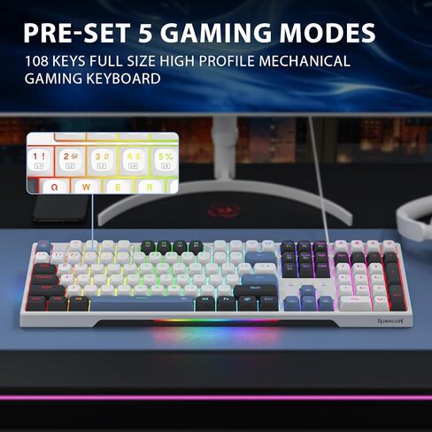ريدراجون كيبورد ميكانيكي K668، RGB، سلكية، مفاتيح حمراء، ابيض، الوان متعددة in Kuwait