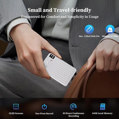 AI Voice Recorder - Voice Recorder w/No Fee for Transcribe & AI Summarize by ChatGPT, APP & Web Control, 121 Languages, 64GB Memory, Wireless Charging,Digital Voice Recorder for Meetings/Calls Silver in Saudi Arabia