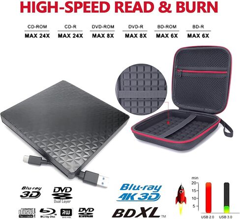 USB-C TILL EDICAL 4K ULTRA HD 3D UHD Blu-ray DVD Player/Burner +BAS Storage ، لـ ASUS HP LENOVO DELL MSI Surface ACER CAPTOP MAMING CAMPORT ، 2IN1 BD-RE DVD +-R/RW DL Optical Drive in Kuwait