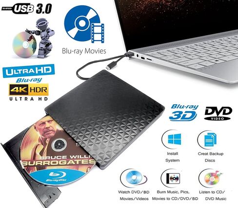 USB-C TILL EDICAL 4K ULTRA HD 3D UHD Blu-ray DVD Player/Burner +BAS Storage ، لـ ASUS HP LENOVO DELL MSI Surface ACER CAPTOP MAMING CAMPORT ، 2IN1 BD-RE DVD +-R/RW DL Optical Drive in Kuwait