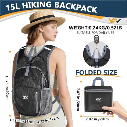 15L Hiking Backpack - Small Lightweight Packable Daypack Travel Outdoor Foldable Shoulder Bag Camping Hiking Backpack for Women Men - Black in Saudi Arabia
