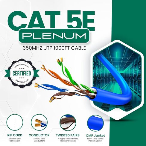 Smartech Cables Cat5e Plenum Cable 1000ft (CMP) - Solid Conductor Cat5e Cable 1000ft - 24 AWG, 350 MHz, 4 Pair, UTP Cat 5e Ethernet Cable, Available in 6 Colors (Black) in Saudi Arabia