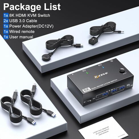 4K@144Hz KVM Switch 2 Monitors 2 Computers 8K@60Hz,Camgeet HDMI and Displayport Dual Monitor KVM Switch with 4 USB 3.0 Port for Keyboard Mouse Printer,Wired Remote,Power Adapter and USB Cable Included in Kuwait