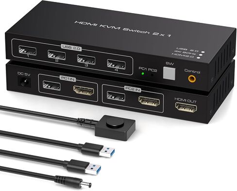 4K60HZ HDMI KVM Switch 1 Monitors 2 Computers KVM Switches for 2 Computers Sharing Monitor Keyboard Mouse Hard Drives Printer with Two USB Cables and Wired Controller SW201ABO in Saudi Arabia
