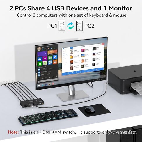4K60HZ HDMI KVM Switch 1 Monitors 2 Computers KVM Switches for 2 Computers Sharing Monitor Keyboard Mouse Hard Drives Printer with Two USB Cables and Wired Controller SW201ABO in Saudi Arabia