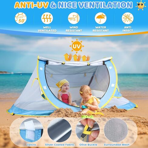 Orzbow Baby Beach Tent, Large Pop Up Beach Tent Sun Shelter with Mosquito Net, UPF 50+ UV Protection Sun Shelter, Portable with Carry Bag & 4 Stakes, Baby Summer Essentials for Boys and Girls, Blue in Saudi Arabia