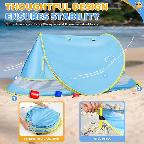 Orzbow Baby Beach Tent, Large Pop Up Beach Tent Sun Shelter with Mosquito Net, UPF 50+ UV Protection Sun Shelter, Portable with Carry Bag & 4 Stakes, Baby Summer Essentials for Boys and Girls, Blue in Saudi Arabia