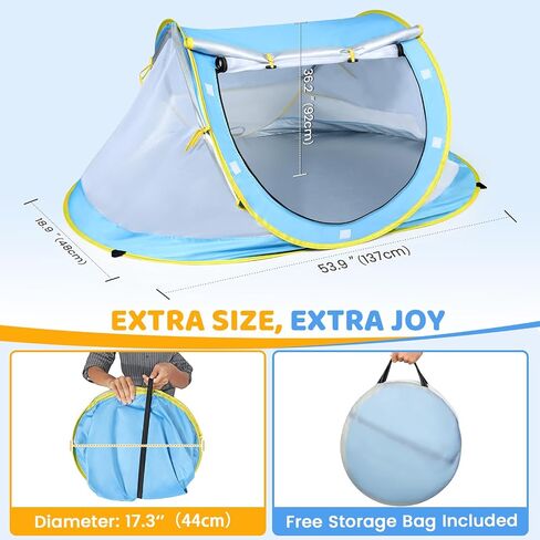 Orzbow Baby Beach Tent, Large Pop Up Beach Tent Sun Shelter with Mosquito Net, UPF 50+ UV Protection Sun Shelter, Portable with Carry Bag & 4 Stakes, Baby Summer Essentials for Boys and Girls, Blue in Saudi Arabia