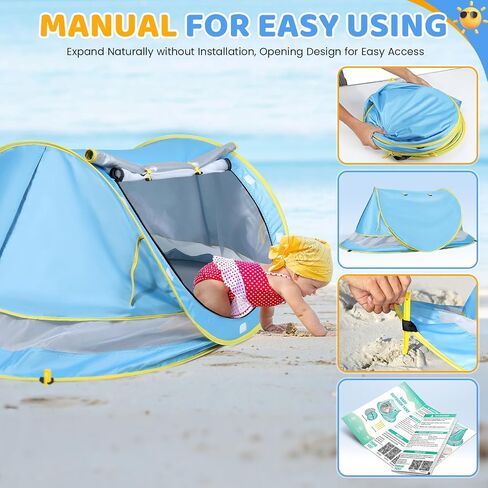 Orzbow Baby Beach Tent, Large Pop Up Beach Tent Sun Shelter with Mosquito Net, UPF 50+ UV Protection Sun Shelter, Portable with Carry Bag & 4 Stakes, Baby Summer Essentials for Boys and Girls, Blue in Saudi Arabia