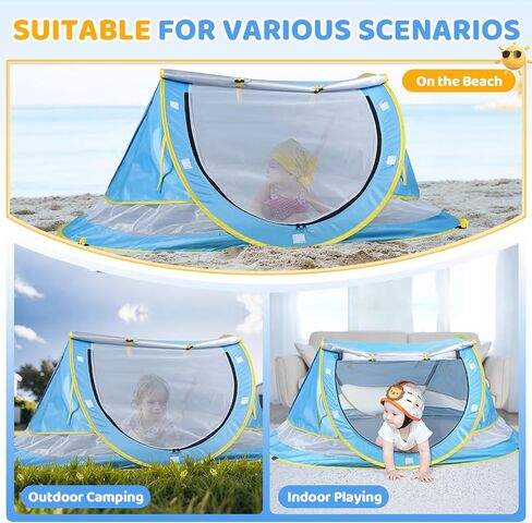 Orzbow Baby Beach Tent, Large Pop Up Beach Tent Sun Shelter with Mosquito Net, UPF 50+ UV Protection Sun Shelter, Portable with Carry Bag & 4 Stakes, Baby Summer Essentials for Boys and Girls, Blue in Saudi Arabia
