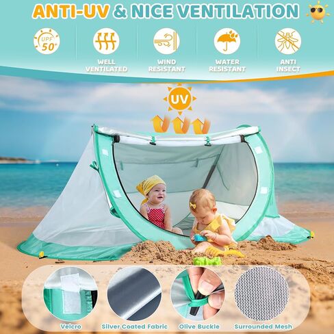 Orzbow Baby Beach Tent, Large Pop Up Beach Tent Sun Shelter with Mosquito Net, UPF 50+ UV Protection Sun Shelter, Portable with Carry Bag & 4 Stakes, Baby Summer Essentials for Boys and Girls, Blue in Saudi Arabia