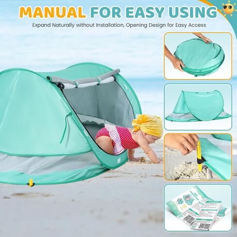 Orzbow Baby Beach Tent, with Mosquito Net, Baby Beach Essential, Green | Large Pop Up Beach Tent, UV Protection Sun Shelter, Portable with Carry Bag & 4 Stakes, Summer Essentials for Boys and Girls in Kuwait