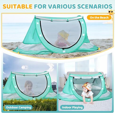 Orzbow Baby Beach Tent, with Mosquito Net, Baby Beach Essential, Green | Large Pop Up Beach Tent, UV Protection Sun Shelter, Portable with Carry Bag & 4 Stakes, Summer Essentials for Boys and Girls in Kuwait