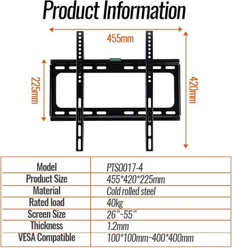 TV Wall Mount Bracket, Fits Most 26-55" LED Plasma TV Mounts, Sizes Up to 孔距 400x400mm, Load Capacity 110lbs in Kuwait