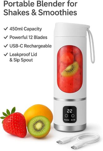 Portable Blender for Shakes & Smoothies, 450ml Personal Blender Cup with 12 Blades, USB-C Rechargeable Juicer, BPA-Free Leakproof Smoothie Maker for Travel, Gym, Home, Protein Shakes, and Juice in Saudi Arabia