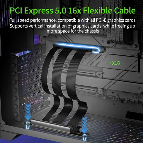 PCI-E 5.0 Riser Cable, PCIe 5.0 X16 High Speed Flexible GPU Riser Cable with PCI Express Port for GPU Extension Card, Length 20cm (Black) in Saudi Arabia