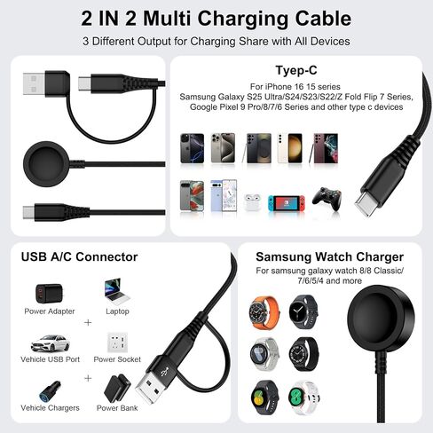 for Samsung Watch Charger Fast Charging Compatible Galaxy Watch 8/8 Classic/7/Ultra/6/5 Pro/5/4,2 in 2 USB C/A Samsung Phone Charger 6ft with 20W Dual Charging Block for Galaxy A17/A36/A56/S25 Ultra in Kuwait