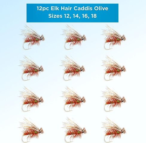 Elk Hair Caddis Dry Fly 12 Pack Brown and Olive - Hook Size 12-18, Flies for Fishing Trout Assortment, Fly Fishing Accessories, Floatant Hackle in Kuwait