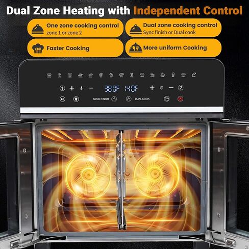 24qt الهواء المقلاة الكبيرة محمصة التحرير والسرد - فرنسي Double Door Airfryer ، 15 وظيفة الطهي تلمس منطقة مزدوجة التحكم في الفرن الكهربائي ، مقلي هواء من الفولاذ المقاوم للصدأ الفرن 13 ملحقات وكتاب طبخ in Saudi Arabia