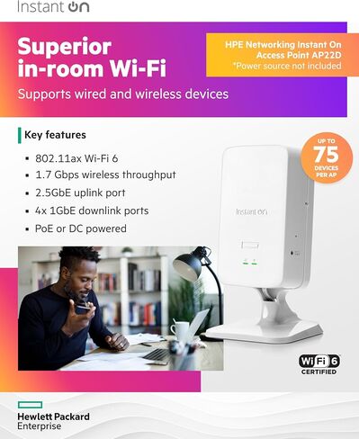 HPE Networking Forn on Access Point AP22D 2x2 WiFi 6 Indoor Wireless Access Point | غرفة واحدة ، آمنة ، دعم شبكة ذكية | مصدر الطاقة غير مدرج | نموذج الولايات المتحدة (S1U75A) in Saudi Arabia