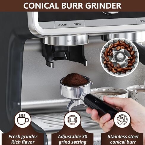 20 Bar Barista-Grade Espresso Machine with Conical Burr Grinder & Steam Wand - PID Control Stainless Steel Coffee Maker with 95oz Detachable Tank for Latte, Cappuccino, Home Cafe, Gray in Kuwait