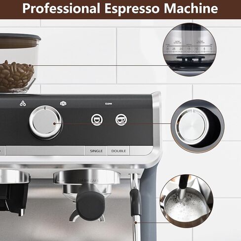 20 Bar Barista-Grade Espresso Machine with Conical Burr Grinder & Steam Wand - PID Control Stainless Steel Coffee Maker with 95oz Detachable Tank for Latte, Cappuccino, Home Cafe, Gray in Kuwait
