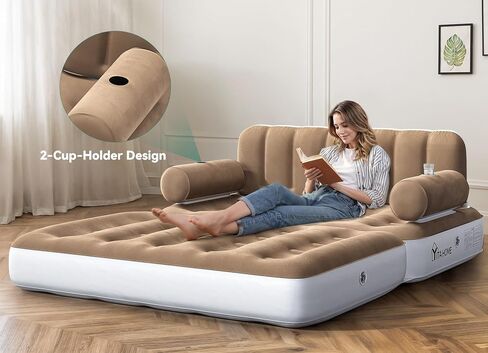 YITAHOME Queen Size Inflatable Sofa Bed with Headboard and Pump, Convertible Blow Up Couch, 2-in-1 Brown Air Sofa Bed for Home, Camping, and Guests, Brown in Saudi Arabia