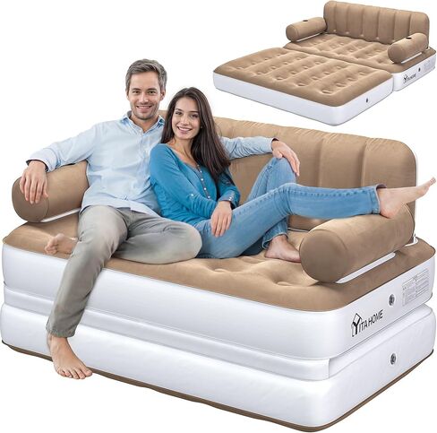 YITAHOME Queen Size Inflatable Sofa Bed with Headboard and Pump, Convertible Blow Up Couch, 2-in-1 Brown Air Sofa Bed for Home, Camping, and Guests, Brown in Saudi Arabia