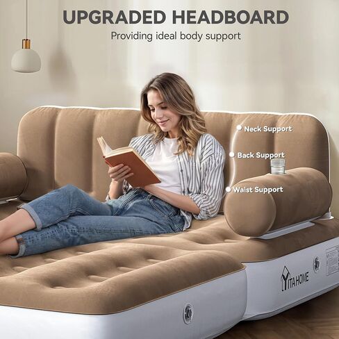 YITAHOME Queen Size Inflatable Sofa Bed with Headboard and Pump, Convertible Blow Up Couch, 2-in-1 Brown Air Sofa Bed for Home, Camping, and Guests, Brown in Saudi Arabia