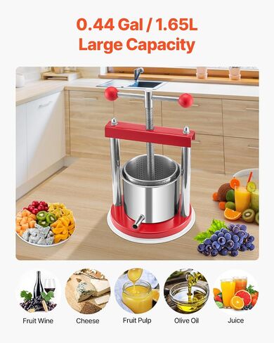 VEVOR 0.44 Gal/1.65L Fruit Wine Press, 2 Stainless Steel Barrels, Manual Juice Maker, Cider Apple Grape Tincture Honey Olive Oil Making Press with T-Handle for Outdoor Kitchen Home in Saudi Arabia