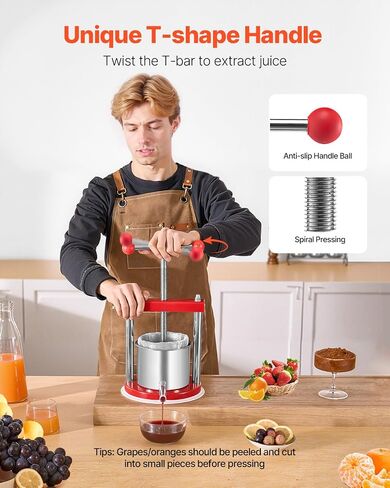VEVOR 0.44 Gal/1.65L Fruit Wine Press, 2 Stainless Steel Barrels, Manual Juice Maker, Cider Apple Grape Tincture Honey Olive Oil Making Press with T-Handle for Outdoor Kitchen Home in Saudi Arabia