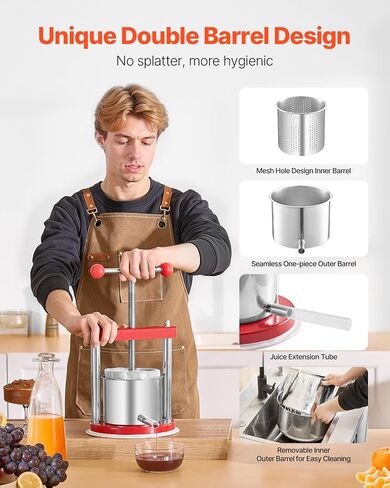 VEVOR 0.44 Gal/1.65L Fruit Wine Press, 2 Stainless Steel Barrels, Manual Juice Maker, Cider Apple Grape Tincture Honey Olive Oil Making Press with T-Handle for Outdoor Kitchen Home in Saudi Arabia
