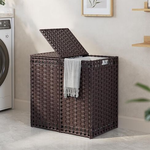 130L Foldable Laundry Hamper with Lid - Handwoven Rattan Storage Basket, 2-Section Clothes Hamper w/2 Removable Liner Bags, Easy Assembly, Portable for Bedroom Bathroom Dorm,Brown in Saudi Arabia
