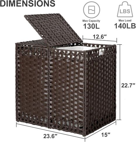 130L Foldable Laundry Hamper with Lid - Handwoven Rattan Storage Basket, 2-Section Clothes Hamper w/2 Removable Liner Bags, Easy Assembly, Portable for Bedroom Bathroom Dorm,Brown in Saudi Arabia