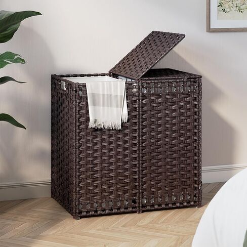 130L Foldable Laundry Hamper with Lid - Handwoven Rattan Storage Basket, 2-Section Clothes Hamper w/2 Removable Liner Bags, Easy Assembly, Portable for Bedroom Bathroom Dorm,Brown in Saudi Arabia