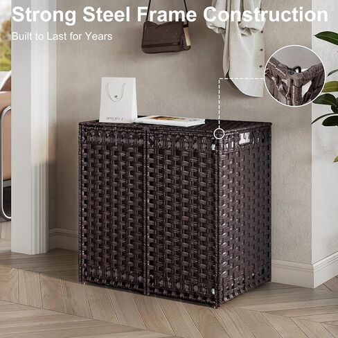 130L Foldable Laundry Hamper with Lid - Handwoven Rattan Storage Basket, 2-Section Clothes Hamper w/2 Removable Liner Bags, Easy Assembly, Portable for Bedroom Bathroom Dorm,Brown in Saudi Arabia