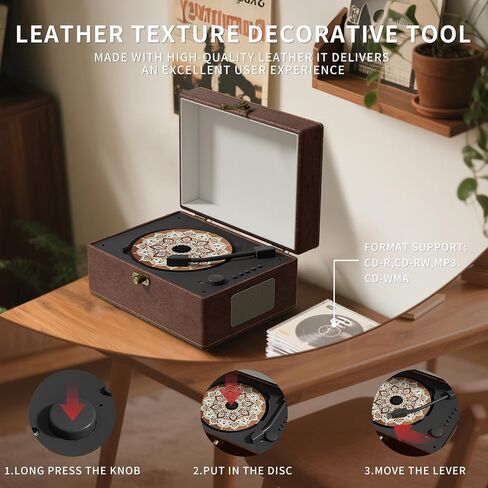 Vintage Leather Portable CD Player with Bluetooth & Remote Control - Wireless Bluetooth CD Player for Home, USB/AUX/Headphone Jack, Built-in Speakers, Red in Saudi Arabia