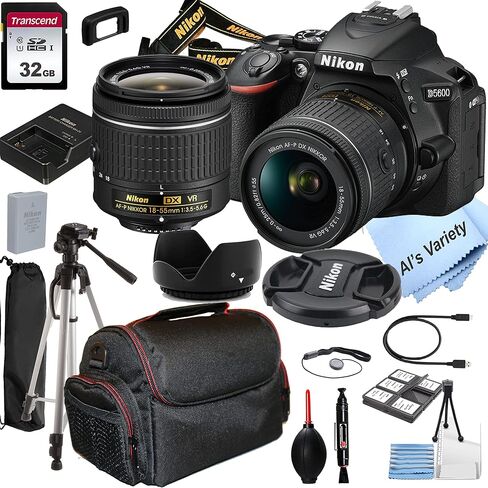 Nikon D5600 DSLR Camera with 18-55mm VR Lens + 32GB Card, Tripod, Case, and More (20pc Bundle) (Renewed) in Saudi Arabia