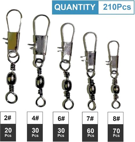 210pcs kwivels kwivels kit ، يدور صيد البرميل مع موصلات المفاجئة لقطات crosslock لاتصال سريع لصيد السحر ، 5 أحجام في صندوق المعالجة ، مثالية للباس ، سمك السلور ، والتصيد in Saudi Arabia