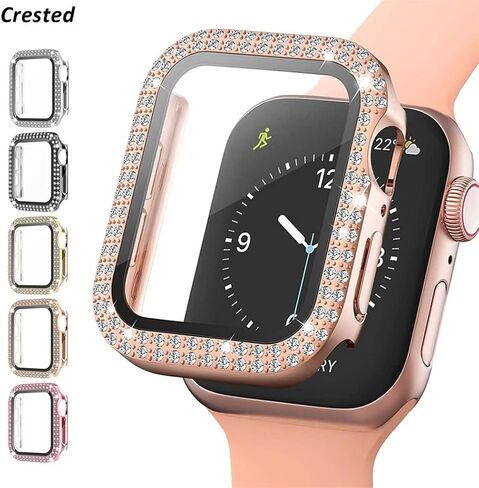 Bling Diamond Case for Apple Watch Screen Protector for Women 44mm 40mm 42mm 41mm 45mm 38mm,PC Hard Face Cover Tempered Glass+Bumper for iWatch Series 9 8 7 6 5 4 3 SE/2nd Generation in Saudi Arabia