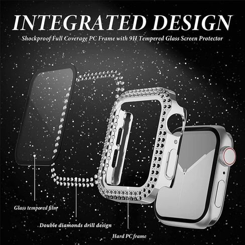 Bling Diamond Case for Apple Watch Screen Protector for Women 44mm 40mm 42mm 41mm 45mm 38mm,PC Hard Face Cover Tempered Glass+Bumper for iWatch Series 9 8 7 6 5 4 3 SE/2nd Generation in Saudi Arabia