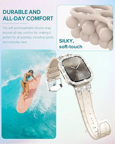 NewWays for Apple Watch Band with Case Women Luxury Designer, Bling 2-Row Diamonds Case Silicone Band with Metal Adapters for Series 4 5 6 7 8 9 10 iwatch Bands in Kuwait