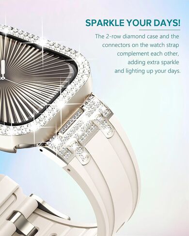 NewWays for Apple Watch Band with Case Women Luxury Designer, Bling 2-Row Diamonds Case Silicone Band with Metal Adapters for Series 4 5 6 7 8 9 10 iwatch Bands in Kuwait