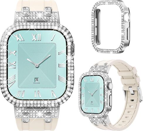 NewWays for Apple Watch Band with Case Women Luxury Designer, Bling 2-Row Diamonds Case Silicone Band with Metal Adapters for Series 4 5 6 7 8 9 10 iwatch Bands in Kuwait